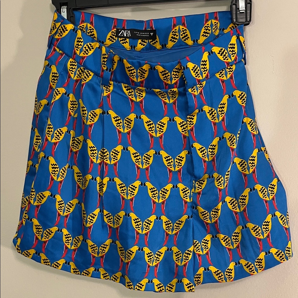 Zara Vibrant Blue and Yellow Bird Pattern Mini Skirt